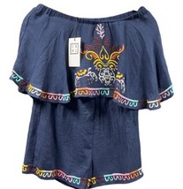THML Romper Women Small Navy Floral Embroidery Ruffled Off Shoulder Jump... - $49.23