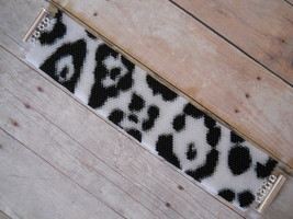 Leopard Print Peyote Stitch Cuff Bracelet, Black &amp; White; Magnetic Tube Clasp - £39.50 GBP