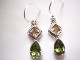 Small Faceted Citrine &amp; Peridot Square 925 Sterling Silver Dangle Drop Earrings - £14.05 GBP