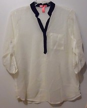WOMANS MIX &amp; CO. LARGE IVORY SHEER TUNIC TOP SHIRT BLOUSE BLK TRIM SUMME... - $16.81