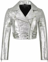 Nueva chaqueta plateada para mujer corta hecha a mano de cuero piel de... - $2,826.20 MXN