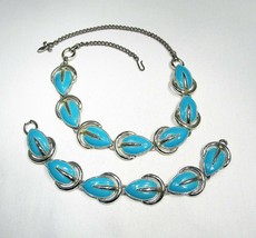 Estate Vintage Faux Turquoise Enameled Leaf Necklace &amp; Bracelet Set C2533 - £22.61 GBP