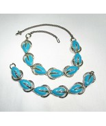 Estate Vintage Faux Turquoise Enameled Leaf Necklace &amp; Bracelet Set C2533 - £23.04 GBP