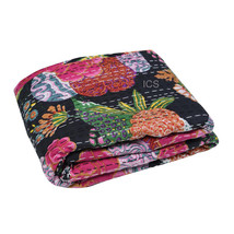 Black Color Fruit Print Kantha Quilt Cushion/Pillow Cover, Cotton Throw Gudri - £5.09 GBP+