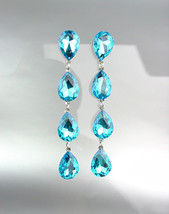 GLITZY Teal Blue Czech Crystals Chandelier Pageant Prom Bridal Earrings 4320 - £21.20 GBP