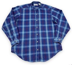 L.L. Bean Purple Blue Plaid Knit Banded Collar Button Front Shirt USA Made Sz L - £12.96 GBP