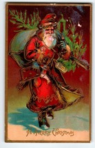 Santa Claus Christmas Postcard Old World Saint Nick Holds Tree Gifts Gold Trim - £20.17 GBP