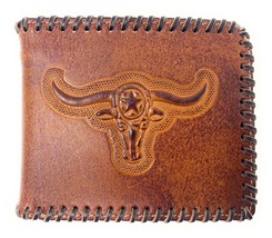 Western Men&#39;s Leather Longhorn Print Short Wallet in 2 colors (Brown) - £21.43 GBP