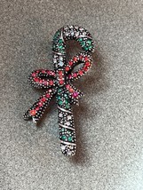 Red White &amp; Green Rhinestone Faux Marcasite Candy Cane Christmas Holiday Pin - £7.44 GBP