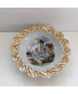Vintage small porcelain decorative bowl gold leaf trim stone house country - $27.06 CAD