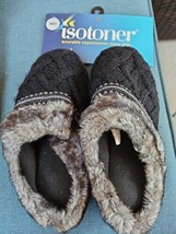 NWT ISOTONER Black Faux Fur &amp; Knit  Moccasins Slippers Medium 7.5-8 Memory Foam - £11.84 GBP