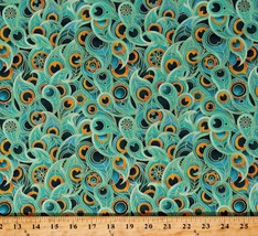 Cotton Peacock Feathers Birds Green Gold Metallic Fabric Print by Yard D683.85 - £10.35 GBP