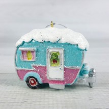 Camper Trailer Christmas Ornament Pink Blue Snow Glitter  NEW w tag - £11.78 GBP