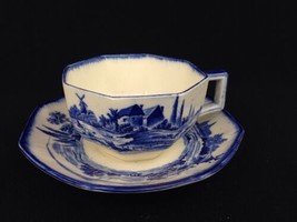 Vintage Royal Doulton Norfolk Blue And White Transferware Cup Saucer Art Deco T1 - £16.55 GBP