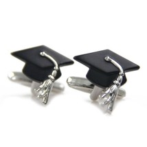 Graduation Cap Cufflinks Black Enamel New W Gift Bag Mortar Board Hat Student - £10.24 GBP