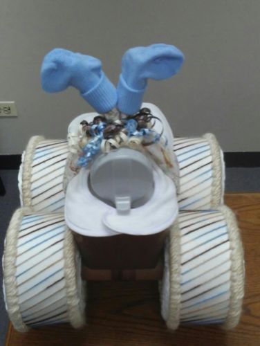 Tan , Brown and Blue Neutral Woodland Theme Baby Shower Four Wheeler Diaper Cake