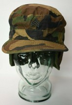 Vintage US Army Military Woodland Camo Combat Cap Hat w Ear Flaps Sergeant 7 1/4 - £7.73 GBP