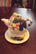 Tower Teapot, cup and underplate, decorated with fruits STACKABLE [80D] - $29.39
