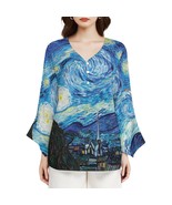 Women&#39;s Starry Night Van Gogh V-Neck Petal Sleeve Blouse (Size S-5XL) - $32.60 CAD