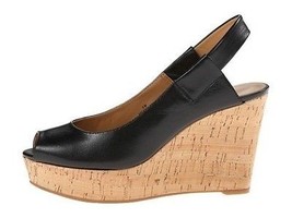 New Nine West Black Open Toe Wedge Sling Sandals Heel Sz 8 M Leather Shoes - £30.26 GBP