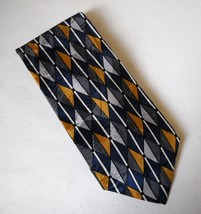 Bill Blass Navy Blue Gold Gray Neck Tie 100% Silk Geometric Diamond Stripe Mens - £21.51 GBP