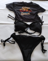 3 piece Women&#39;s Beach Scenery Letter Print Swimsuit Set with Halter Tie Bikini M - £14.28 GBP