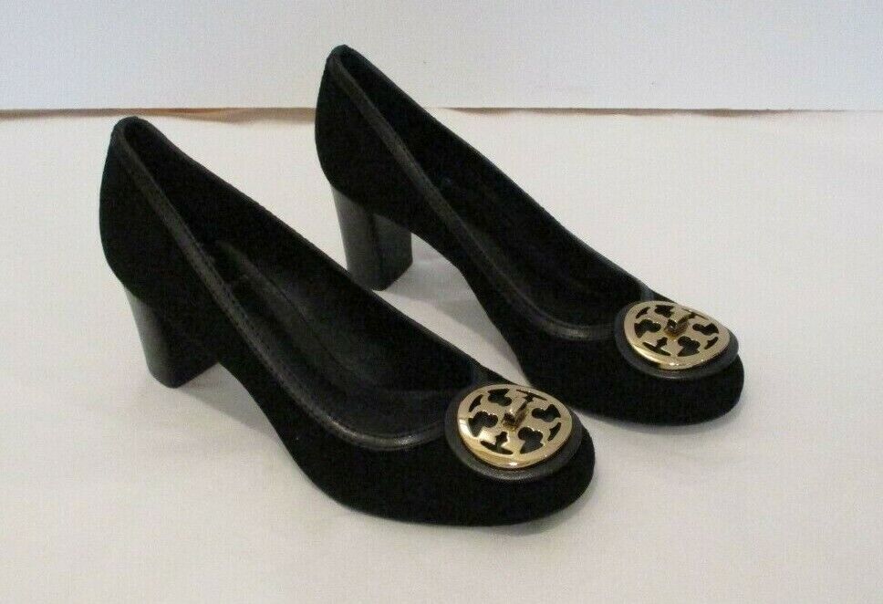 TORY BURCH Black Suede and Leather Selma Mid Heel Pump with Gold  Logo -... - $89.99