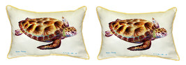 Pair of Betsy Drake Green Sea Turtle Small Outdoor Indoor Pillows 12 X 12 - £54.80 GBP