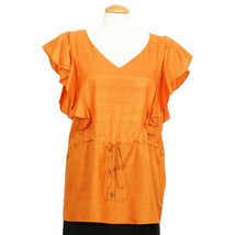RALPH LAUREN Orange Silk Shantung Drawstring Ruffle Sleeve Tunic Top L - $69.99