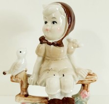 Country Farm Girl On Bench With Bird Ceramic Vintage Hand Painted c1970s HGS2E - £22.41 GBP