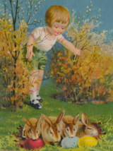 Cute Boy Watching Rabbits With Colored Eggs Vintage Easter Postcard - £11.89 GBP