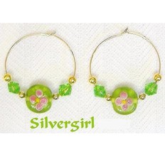 1 1/2&quot; Gold Plate Green Flower Beaded Hoop Earrings  - $12.00