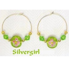 1 1/2" Gold Plate Green Flower Beaded Hoop Earrings  - £9.59 GBP