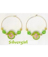 1 1/2&quot; Gold Plate Green Flower Beaded Hoop Earrings  - £9.59 GBP