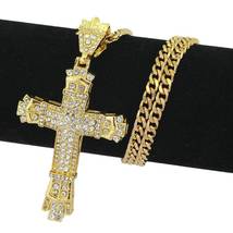 Iced Out Bling Crystal Cross Crucifix Necklace Pendant Chain Gold diamond Jewell - £28.76 GBP