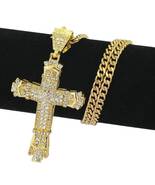 Iced Out Bling Crystal Cross Crucifix Necklace Pendant Chain Gold diamon... - £28.43 GBP