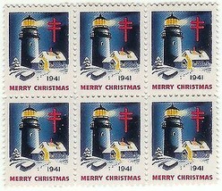 Mint State Block of 6 - 1941 Christmas Lighthouse Seals - £0.98 GBP