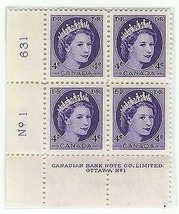 1954 MINT Plate Block of 4 Elizabeth Canadian 4 cent - £4.62 GBP