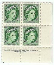 1954 MINT Plate Block of 4 Elizabeth Canadian 2 cent - $5.89