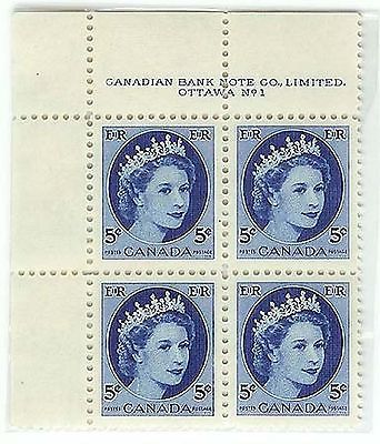 Primary image for 1954 MINT Plate Block of 4 Elizabeth Canadian 5 cent