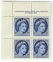 1954 MINT Plate Block of 4 Elizabeth Canadian 5 cent - $5.89