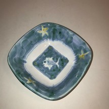 Fish and Starfish Blue Ceramic Bowl Clay Bottom 5 7/8&quot; Square  - $9.49