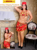 Short Egyptian Belly Dancing Costume 3 Piece Dress Beaded Bra Skirt &amp;Hea... - £41.63 GBP