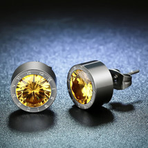 Women&#39;s Silver Round Yellow Crystal Anti Allergic Stainless Steel Stud Earrings - £7.50 GBP