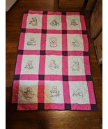Vintage handmade baby quilt embroidered squares kitty cats 40x58 Pink Pu... - $47.45 CAD
