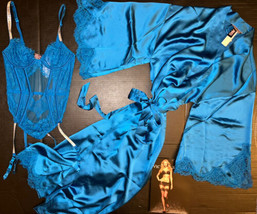 Victoria&#39;s Secret XS unlined GARTER TEDDY+ROBE GOWN neon BLUE silver SHI... - $197.99