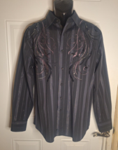 Men&#39;sBlack Embroidered Embellished Long Sleeve Black Button-Down Dress Shirt - £34.32 GBP