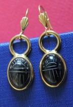 1950 Period Vintage Onyx Scarab Gold Filled Earrings Unusual &amp; Charming - £91.00 GBP