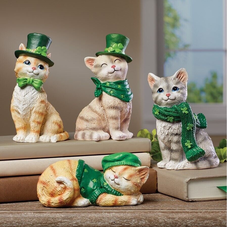 Set of 4 St. Patricks Day Irish Shamrock Kitten Cats Figurine Statue Tab... - $26.24