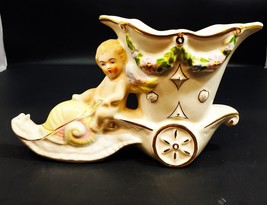 Vintage Coventry Planter Porcelain Winged Cherub Rides Snail w/Carriage ... - $24.74